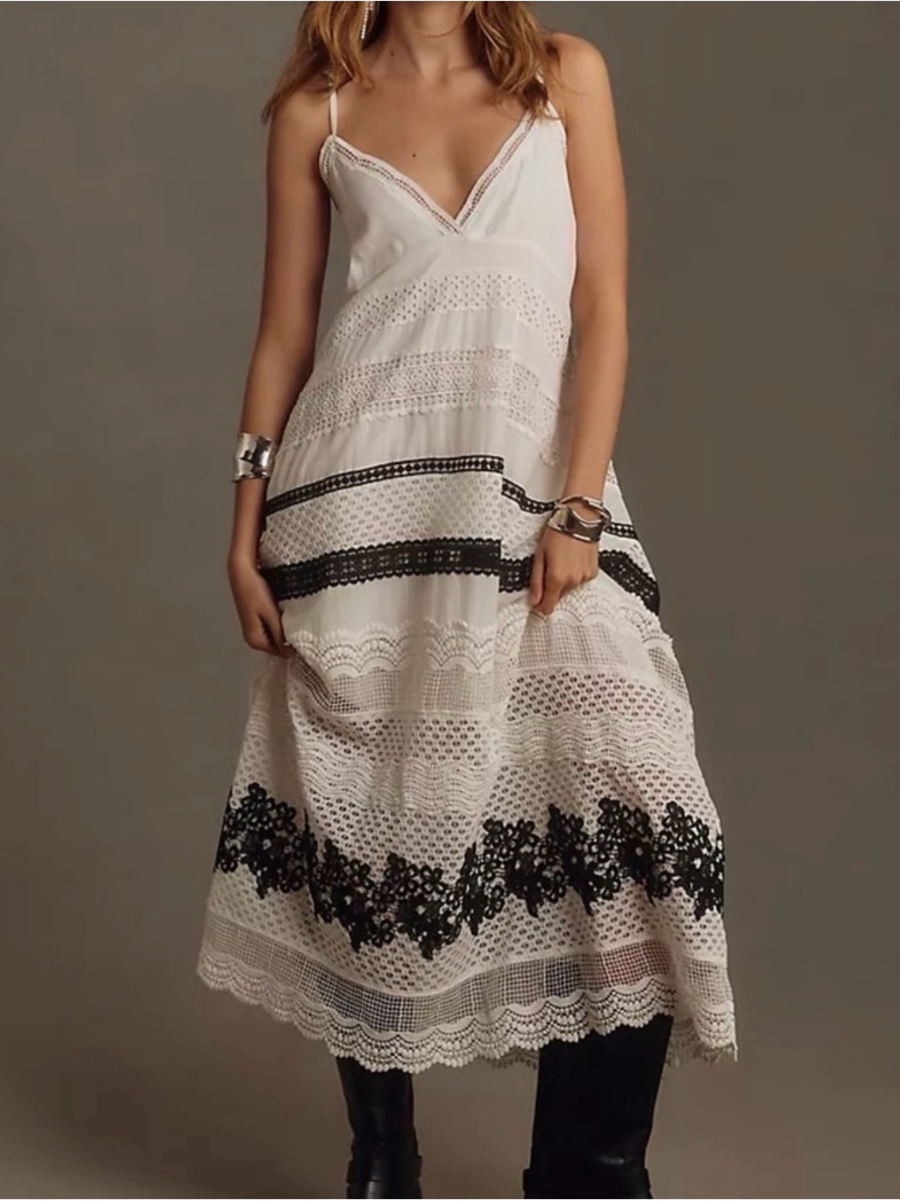 Anthropologie White Lace Midi Dress with Black Crochet Bands